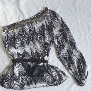 Bebe One Shoulder Blouse with Sequin Embroidery at Neckline